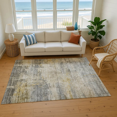 8' X 10' Pewter And Wheat Abstract Washable Area Rug With UV Protection