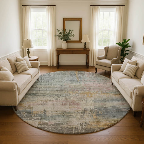 8' Sage Gold And Beige Abstract Washable Round Rug With UV Protection