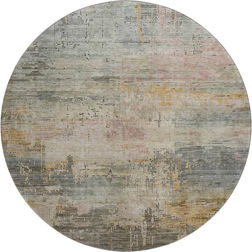 8' Sage Gold And Beige Abstract Washable Round Rug With UV Protection