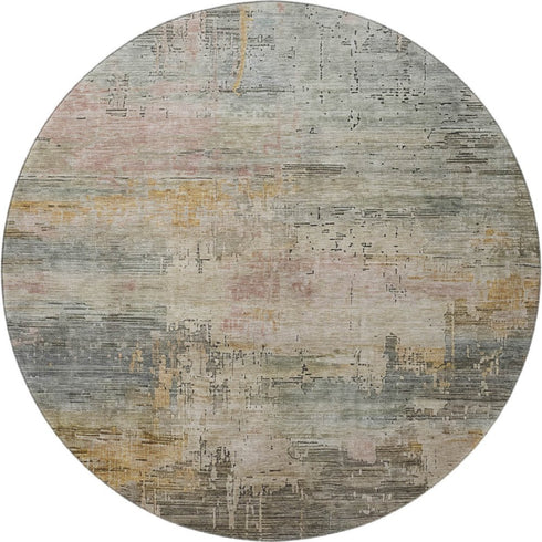 8' Sage Gold And Beige Abstract Washable Round Rug With UV Protection