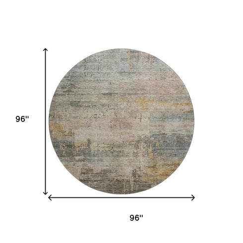 8' Sage Gold And Beige Abstract Washable Round Rug With UV Protection
