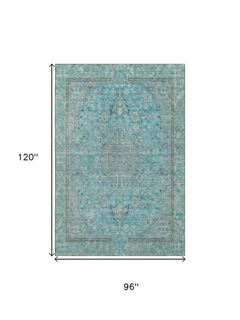 8' X 10' Aqua And Gray Floral Medallion Washable Area Rug With UV Protection