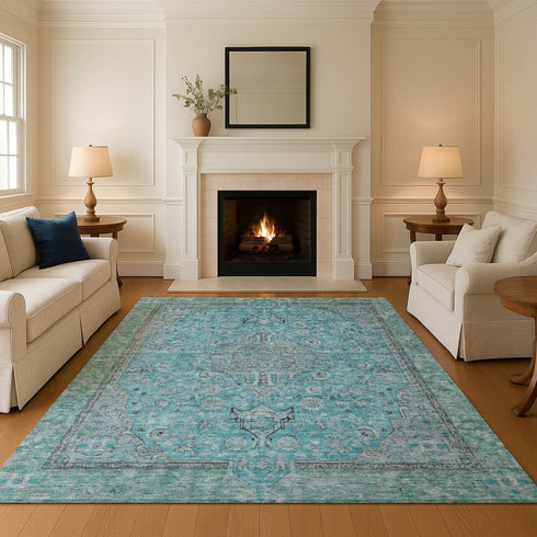 8' X 10' Aqua And Gray Floral Medallion Washable Area Rug With UV Protection