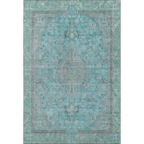 8' X 10' Aqua And Gray Floral Medallion Washable Area Rug With UV Protection
