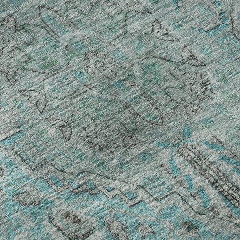 8' X 10' Aqua And Gray Floral Medallion Washable Area Rug With UV Protection