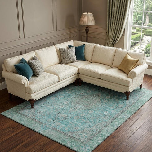 8' X 10' Aqua And Gray Floral Medallion Washable Area Rug With UV Protection