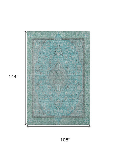 9' X 12' Aqua And Gray Floral Medallion Washable Area Rug With UV Protection