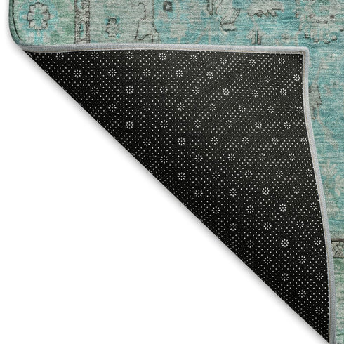 9' X 12' Aqua And Gray Floral Medallion Washable Area Rug With UV Protection