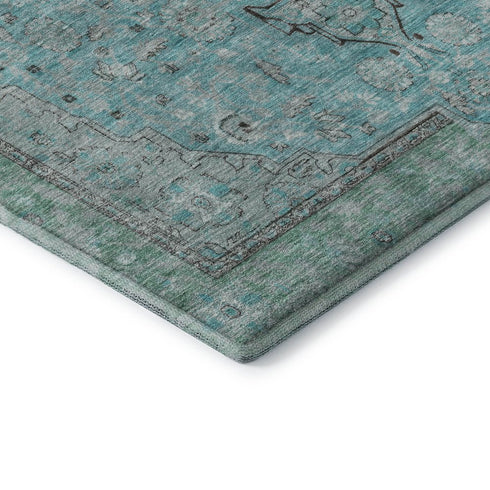 9' X 12' Aqua And Gray Floral Medallion Washable Area Rug With UV Protection
