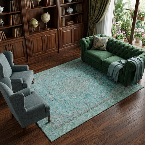 9' X 12' Aqua And Gray Floral Medallion Washable Area Rug With UV Protection