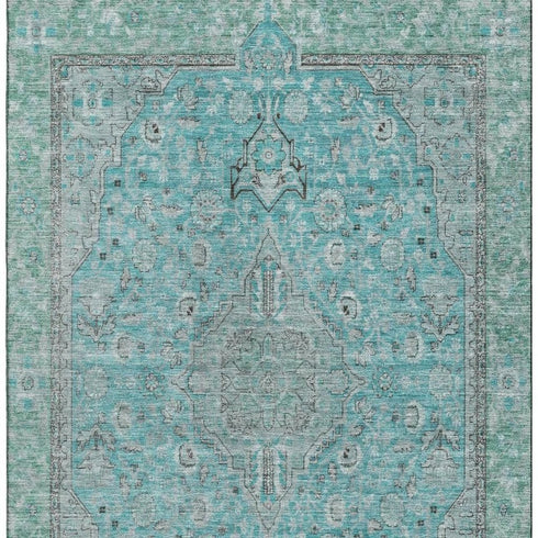 9' X 12' Aqua And Gray Floral Medallion Washable Area Rug With UV Protection