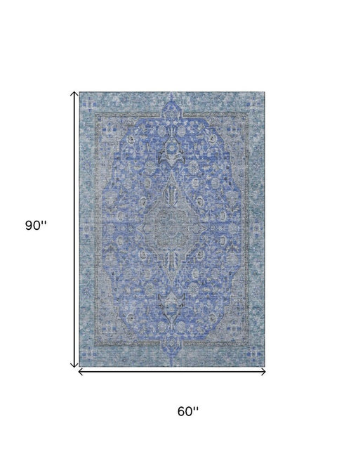 5' X 8' Blue And Gray Floral Medallion Washable Area Rug With UV Protection