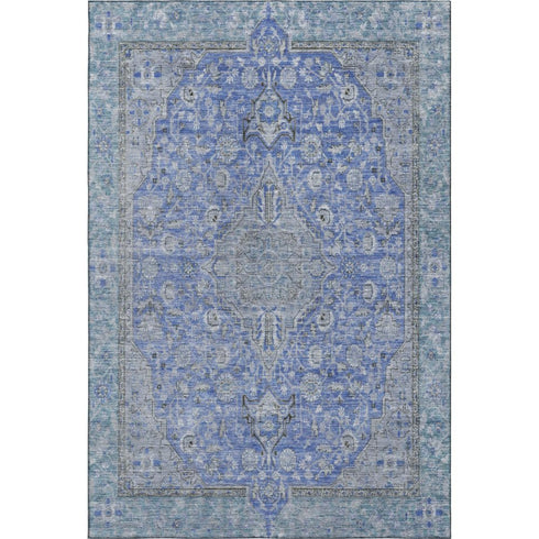 5' X 8' Blue And Gray Floral Medallion Washable Area Rug With UV Protection