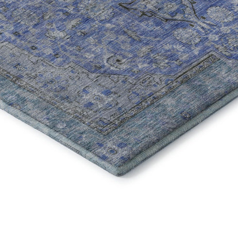 5' X 8' Blue And Gray Floral Medallion Washable Area Rug With UV Protection