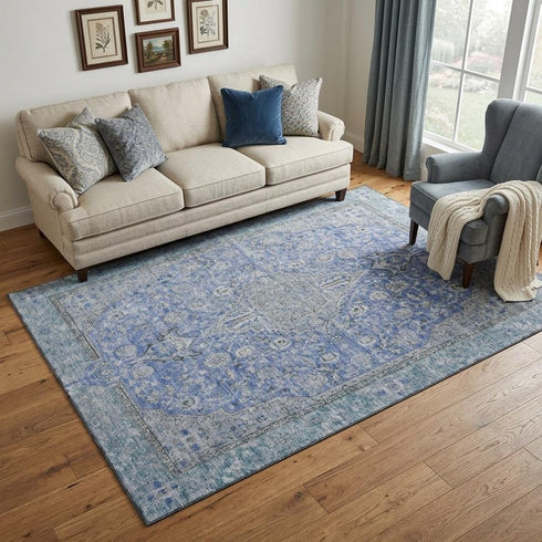 5' X 8' Blue And Gray Floral Medallion Washable Area Rug With UV Protection