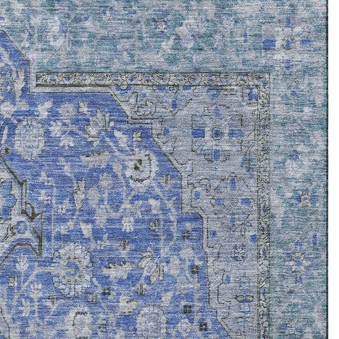 5' X 8' Blue And Gray Floral Medallion Washable Area Rug With UV Protection