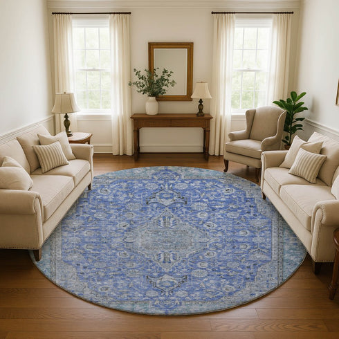 8' Blue And Gray Floral Medallion Washable Round Rug With UV Protection