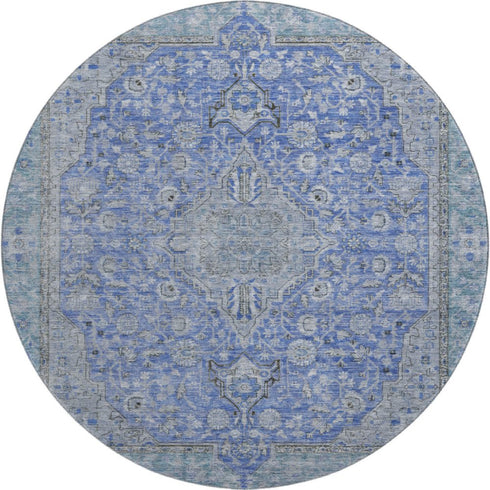 8' Blue And Gray Floral Medallion Washable Round Rug With UV Protection