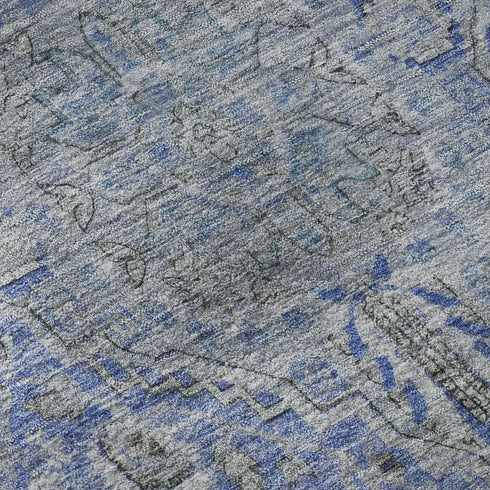 8' Blue And Gray Floral Medallion Washable Round Rug With UV Protection