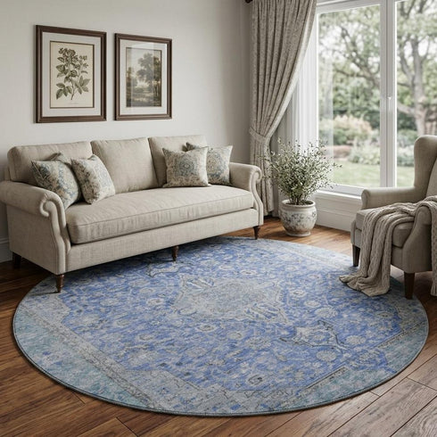 8' Blue And Gray Floral Medallion Washable Round Rug With UV Protection