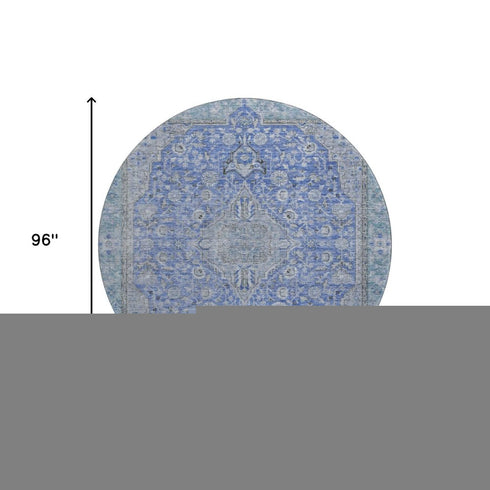 8' Blue And Gray Floral Medallion Washable Round Rug With UV Protection
