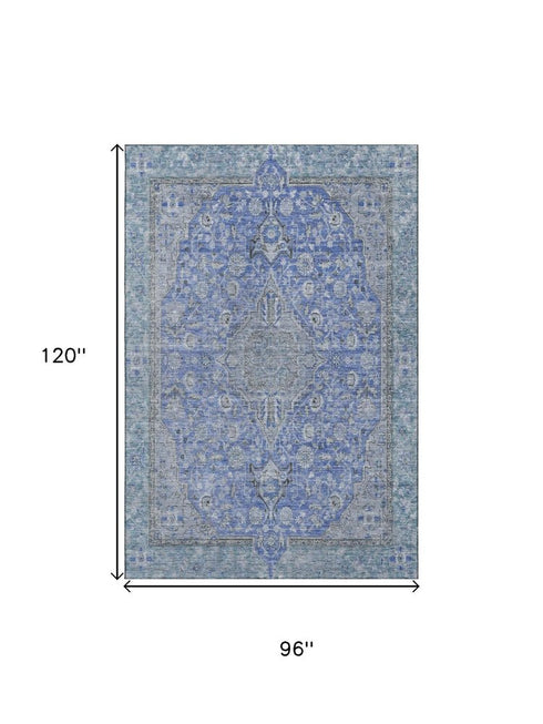 8' X 10' Blue And Gray Floral Medallion Washable Area Rug With UV Protection