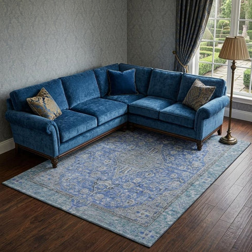 8' X 10' Blue And Gray Floral Medallion Washable Area Rug With UV Protection