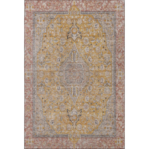 5' X 8' Gold Copper And Gray Floral Medallion Washable Area Rug With UV Protection