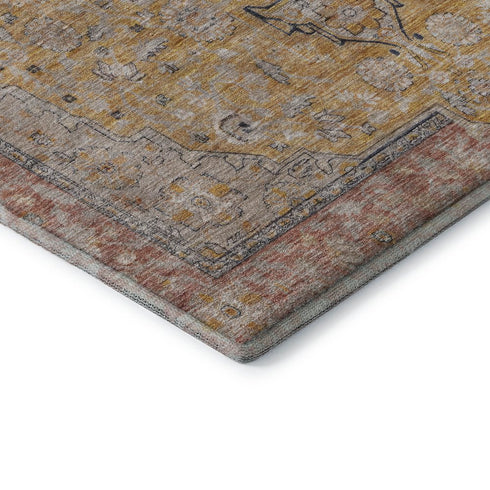 5' X 8' Gold Copper And Gray Floral Medallion Washable Area Rug With UV Protection