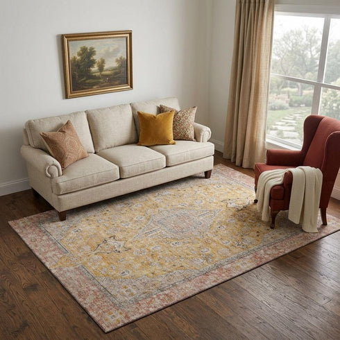 5' X 8' Gold Copper And Gray Floral Medallion Washable Area Rug With UV Protection