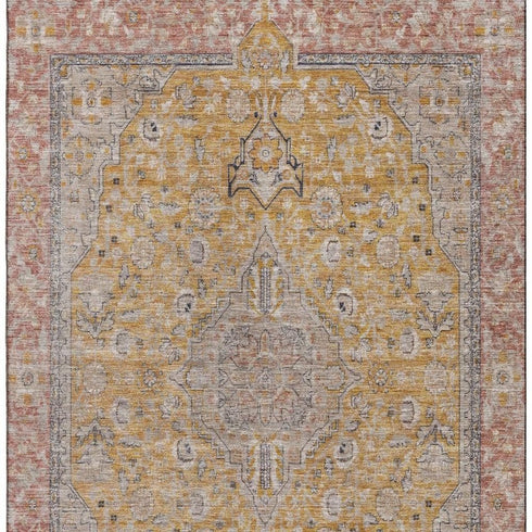 5' X 8' Gold Copper And Gray Floral Medallion Washable Area Rug With UV Protection