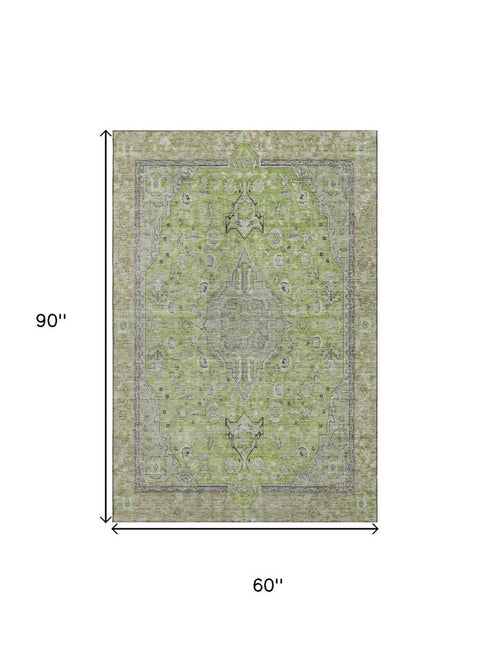 5' X 8' Lime Green And Gray Floral Medallion Washable Area Rug With UV Protection