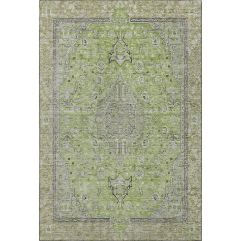 5' X 8' Lime Green And Gray Floral Medallion Washable Area Rug With UV Protection