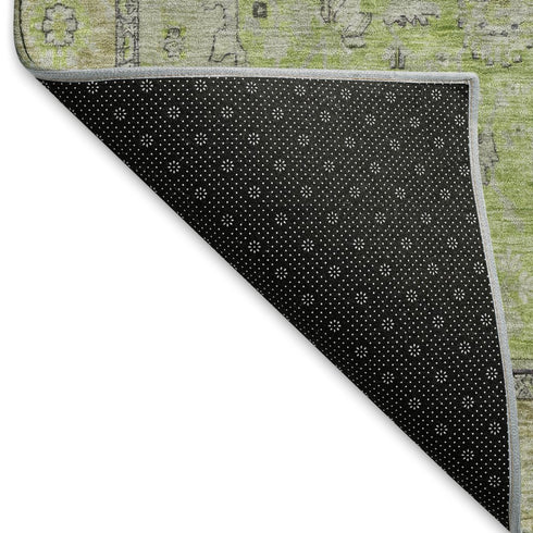 5' X 8' Lime Green And Gray Floral Medallion Washable Area Rug With UV Protection