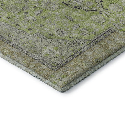 5' X 8' Lime Green And Gray Floral Medallion Washable Area Rug With UV Protection