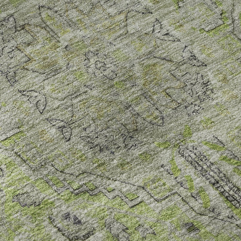 5' X 8' Lime Green And Gray Floral Medallion Washable Area Rug With UV Protection