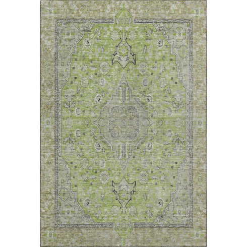 5' X 8' Lime Green And Gray Floral Medallion Washable Area Rug With UV Protection