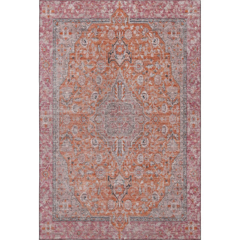 5' X 8' Orange Red And Gray Floral Medallion Washable Area Rug With UV Protection