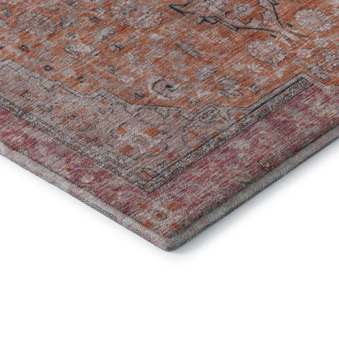 5' X 8' Orange Red And Gray Floral Medallion Washable Area Rug With UV Protection