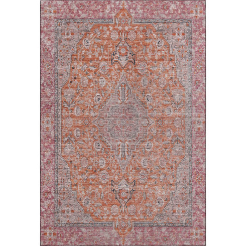 5' X 8' Orange Red And Gray Floral Medallion Washable Area Rug With UV Protection