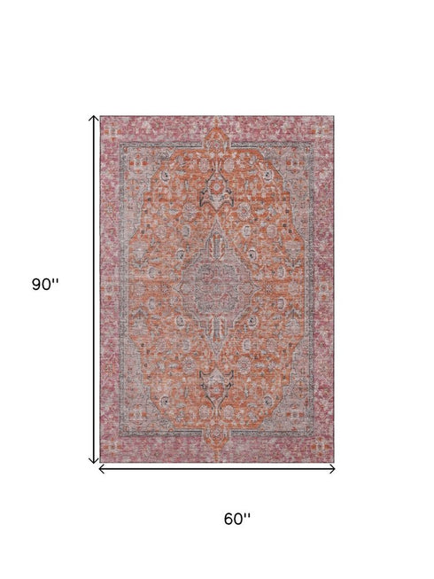 5' X 8' Orange Red And Gray Floral Medallion Washable Area Rug With UV Protection