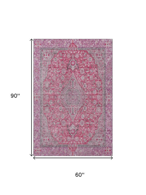 5' X 8' Pink Mauve And Gray Floral Medallion Washable Area Rug With UV Protection