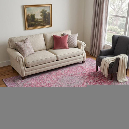 5' X 8' Pink Mauve And Gray Floral Medallion Washable Area Rug With UV Protection