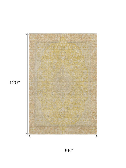 8' X 10' Wheat Gold And Gray Floral Medallion Washable Area Rug With UV Protection