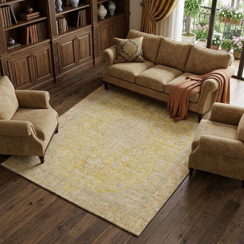 8' X 10' Wheat Gold And Gray Floral Medallion Washable Area Rug With UV Protection