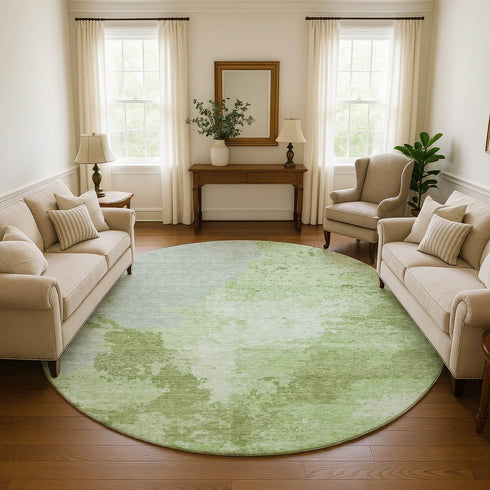 8' Artichoke Green And Ivory Abstract Washable Round Rug With UV Protection