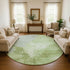 8' Artichoke Green And Ivory Abstract Washable Round Rug With UV Protection