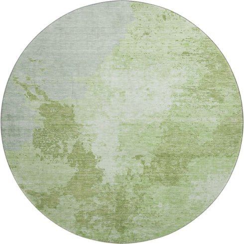 8' Artichoke Green And Ivory Abstract Washable Round Rug With UV Protection