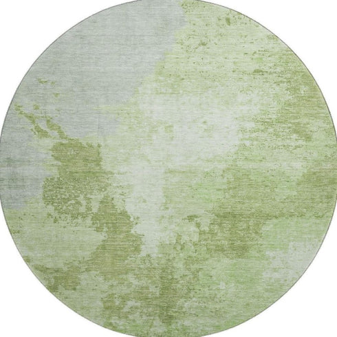 8' Artichoke Green And Ivory Abstract Washable Round Rug With UV Protection
