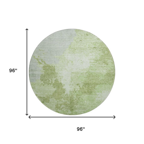 8' Artichoke Green And Ivory Abstract Washable Round Rug With UV Protection
